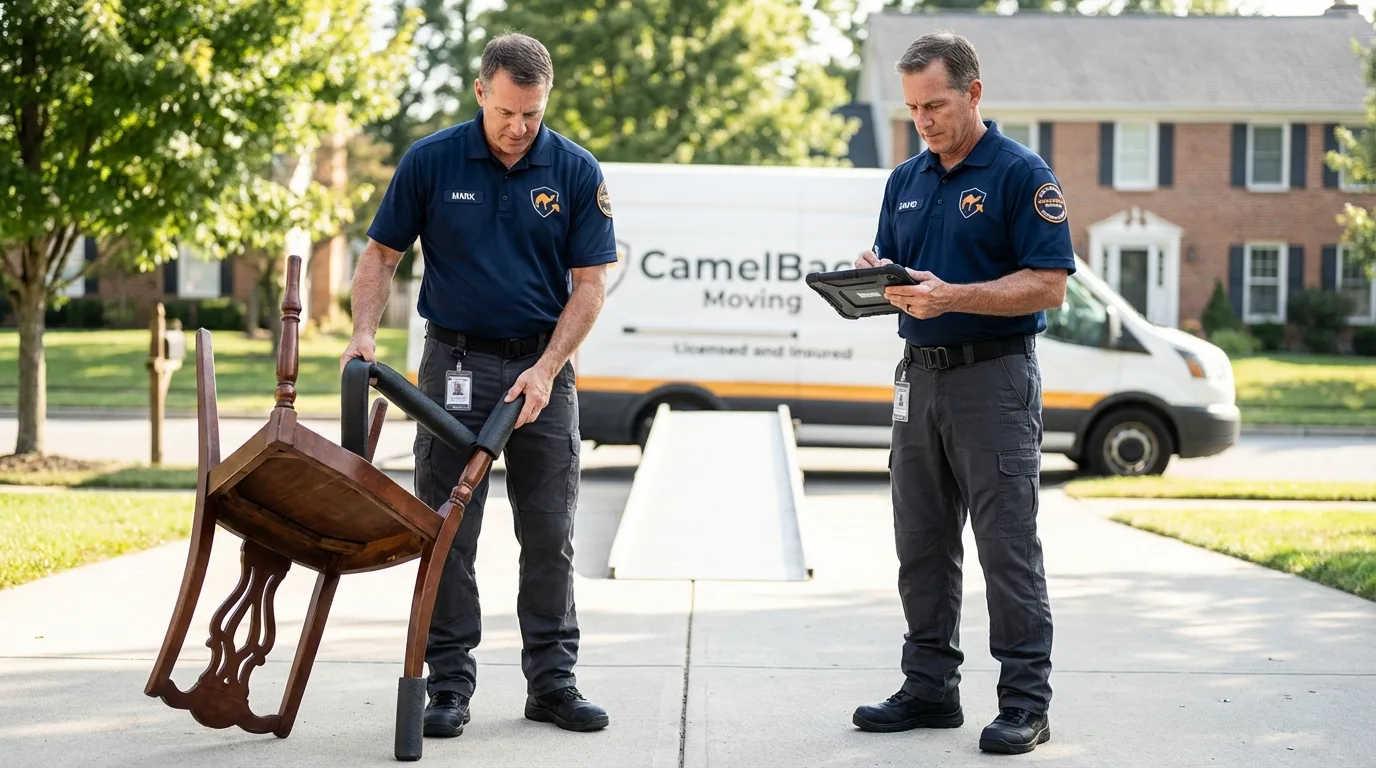 Movers inspecting furniture for damage prevention before loading in Willcox, AZ