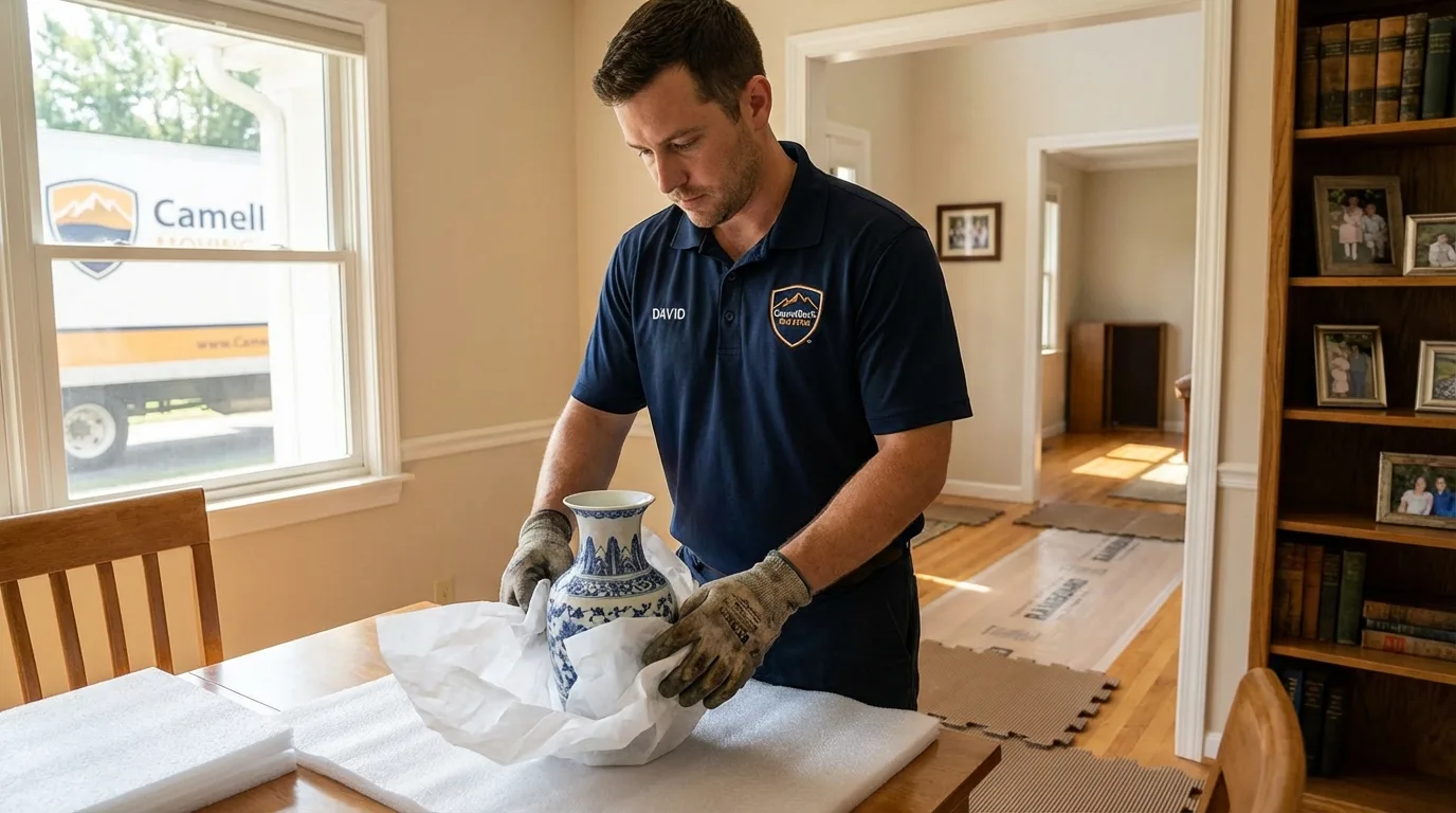 Professional crew carefully wrapping antique vase for senior downsizing move in Willcox, AZ